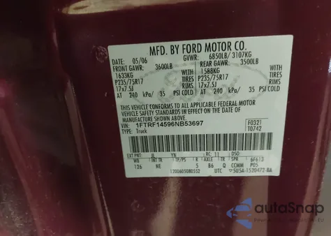 2006 Ford F-150 Fx4/Xl/Xlt из США, поврежденный, VIN 1FTRF14596NB53697